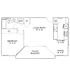 Charming floor plan showcasing 1 bedroom, a spacious living room, modern kitchen, dining area, and inviting patio balcony.
