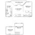 Charming floor plan showcasing a cozy mezzanine, airy living room with patio access, modern kitchen, and ample bedroom.