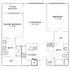 Modern floor plan showcasing 2 bedrooms, open living/dining area, well-equipped kitchen, and two bathrooms, complete with a patio and work station.
