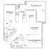 Inviting floor plan featuring a spacious master bedroom with en-suite bath, additional bedroom, modern kitchen, dining area, and cozy living room opening to a patio/balcony.