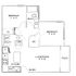 Modern floor plan showcasing two spacious bedrooms, open living and dining area, equipped kitchen, and inviting patio.