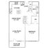 Elegant floor plan featuring a spacious bedroom with walk-in closet, open-concept living and dining area, modern kitchen, and private patio or balcony.