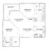 Spacious floor plan featuring 2 bedrooms, 2 baths, a modern kitchen, dining area, open living room, and balcony.