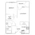 Chic floor plan with 1 bedroom, spacious living room, modern kitchen, and private balcony. Includes walk-in closet and bathroom off the entry.