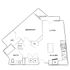 Contemporary 1-bedroom floor plan featuring an open living area, modern kitchen, and private balcony.