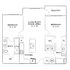 Chic floor plan illustrating 2 bedrooms, open living and dining area, modern kitchen, and private balcony.