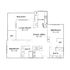 Elegant floor plan featuring 2 spacious bedrooms, a cozy living room with balcony access, and a modern kitchen adjacent to a dining area.