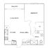 Modern 1-bedroom apartment floor plan featuring a cozy living room, stylish kitchen, and private balcony, complete with dining area and bathroom amenities.