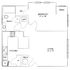 Modern floor plan showcasing a spacious 1-bedroom apartment with an integrated living area, a functional kitchen, and a sleek desk space.