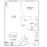 Chic floor plan showcasing 1 bedroom, a spacious living area with a desk, modern kitchen, and convenient walk-in closet.
