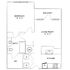 Elegant floor plan showcasing a spacious one-bedroom apartment with a large living room opening to a balcony, modern kitchen, and luxurious bath.
