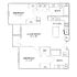 Elegant floor plan featuring 2 bedrooms, a spacious living room with balcony access, modern kitchen with appliances, and 2 bathrooms.