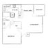 Elegant floor plan showcasing a cozy 1-bedroom apartment with an open living room, modern kitchen, and private balcony.
