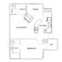 Charming floor plan featuring 1 bedroom, spacious living room, modern kitchen, dining area, and a cozy patio.