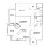 Charming apartment floor plan featuring 2 bedrooms, 2 baths, a cozy living room with a fireplace, open dining area, and a private patio.