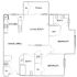 Elegant floor plan showcasing two spacious bedrooms, an open living and dining area, modern kitchen, and a cozy patio.