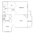 Chic floor plan showcasing a spacious one-bedroom apartment with a stylish living area, modern kitchen, and cozy balcony.