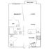 Modern apartment floor plan featuring a spacious bedroom, open living and dining area, kitchen with breakfast counter, and a private balcony.