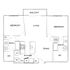 Modern apartment floor plan featuring two bedrooms, open living and dining areas, stylish kitchen, and a spacious balcony.