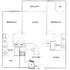Elegant floor plan showcasing 2 bedrooms, open living area with balcony, modern kitchen with dining space, and ample storage options.