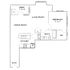 Charming open-concept floor plan featuring a cozy living room, dining area, and modern kitchen. Includes one bedroom with walk-in closet, spacious desk area, and a luxurious bath.