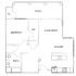 Chic single-bedroom floor plan featuring a modern kitchen, spacious living room, and inviting patio.