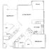 Spacious floor plan with 2 bedrooms, open living room, modern kitchen, and a private patio.