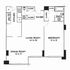 Elegant floor plan displaying spacious one-bedroom layout with open living and dining area, efficient kitchen, and modern bath.