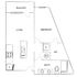 Modern floor plan featuring 1 bedroom, open-concept living area, kitchen with island, and balcony access.