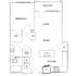 Modern floor plan with 1 bedroom, spacious living and dining area, kitchen, bathroom, and balcony.
