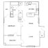 Elegant floor plan showcasing a spacious one-bedroom apartment with a balcony, open living and dining area, modern kitchen, and a well-appointed bathroom.
