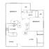 Spacious floor plan featuring 2 bedrooms, open living and dining area, kitchen, bath, and balcony with dual walk-in closets.