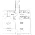 Modern floor plan showcasing 1 bedroom with attached walk-in closet, open kitchen, dining area, spacious living room, and a balcony.