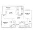 Modern floor plan featuring 2 bedrooms, a spacious living room with balcony, and a contemporary kitchen.