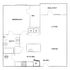 Spacious floor plan featuring a bedroom, modern kitchen with dining area, and a living room leading to a balcony.