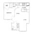 Charming floor plan with a cozy bedroom, walk-in closet, open kitchen, welcoming living and dining areas, featuring modern bath and laundry nook.