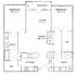 Chic apartment floor plan featuring two spacious bedrooms, open living and dining area, well-appointed kitchen, two bathrooms, and a balcony.