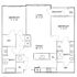 Chic floor plan showcasing 2 bedrooms, 2 baths, open-concept living and dining area, and a cozy balcony.