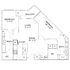 Contemporary floor plan featuring 2 bedrooms, modern kitchen, open living and dining area, plus a charming balcony.