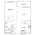 Elegant floor plan showcasing a spacious one-bedroom layout with a large living area, modern kitchen, convenient walk-in closet, and a charming balcony.