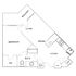 Contemporary apartment floor plan showcasing 1 bedroom, open living and dining area, modern kitchen, and private balcony.