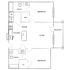 Modern 2-bedroom floor plan featuring spacious living areas, a stylish kitchen, 2 bathrooms, and a balcony.