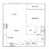 Modern 1-bedroom apartment floor plan featuring a spacious living area, open dining space, kitchen, and a private balcony.