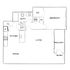 Modern floor plan featuring a spacious bedroom with walk-in closet, open living and dining area, stylish kitchen, and private balcony.