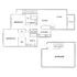 Elegant floor plan featuring two bedrooms, a spacious living and dining area, a modern kitchen, two bathrooms, and a large garage with a balcony access.