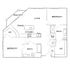 Chic floor plan featuring 2 bedrooms, open-concept living and dining areas, modern kitchen, and balcony access.