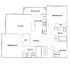 Elegant floor plan with 2 bedrooms, open living and dining area, modern kitchen, and a balcony with scenic views.