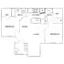 Modern floor plan featuring 2 bedrooms, a stylish kitchen, and an open dining and living area, with convenient walk-in closets and two bathrooms.