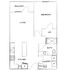 Modern floor plan featuring a spacious living area with balcony, a cozy bedroom with walk-in closet, well-equipped kitchen, and convenient laundry space.