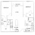 Modern 2D floor plan showcasing two bedrooms, dual bathrooms, a spacious living area leading to a balcony, and a functional kitchen with laundry space.